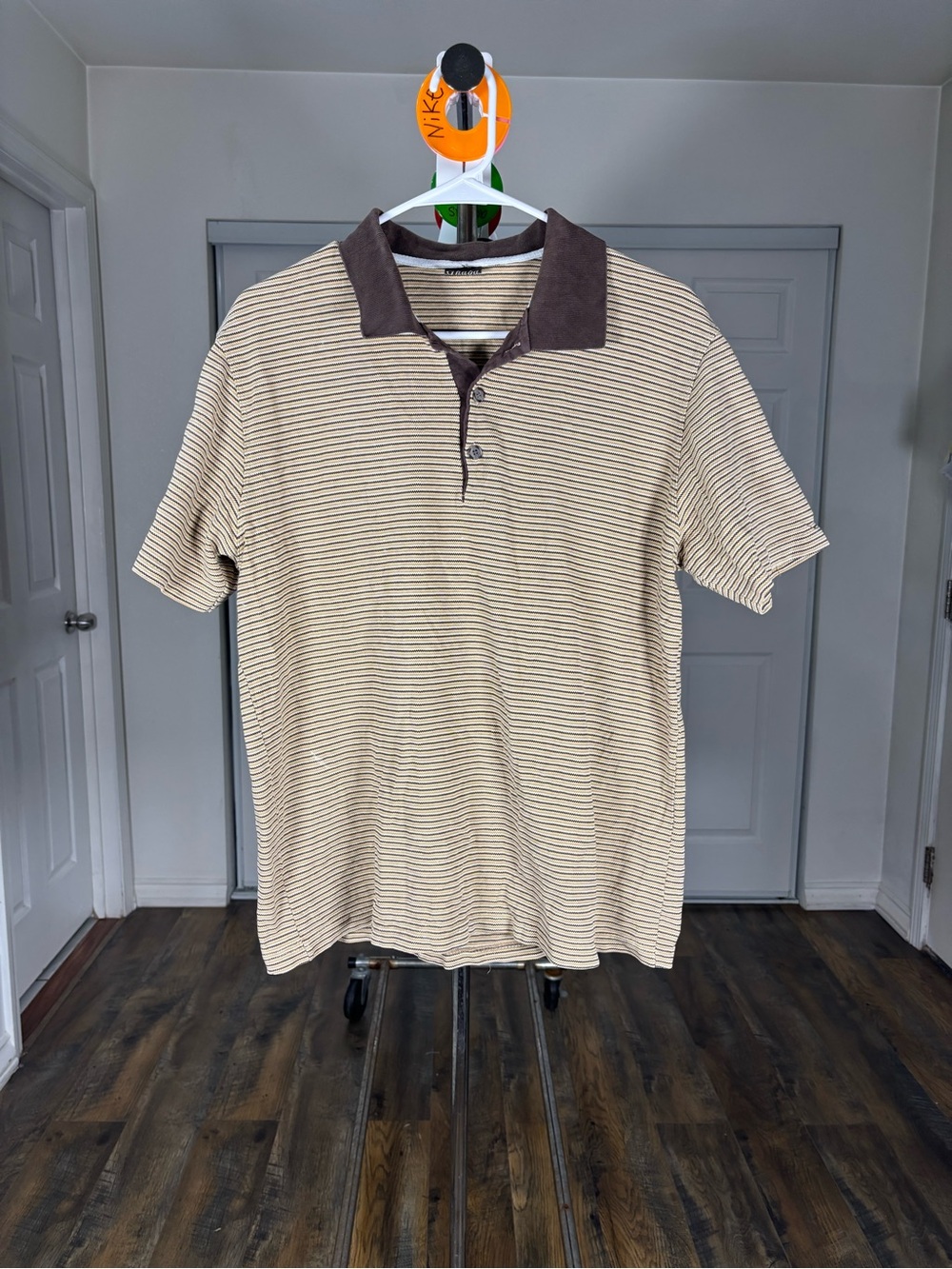 Men's Beige Striped Polo with Brown Contrast Collar